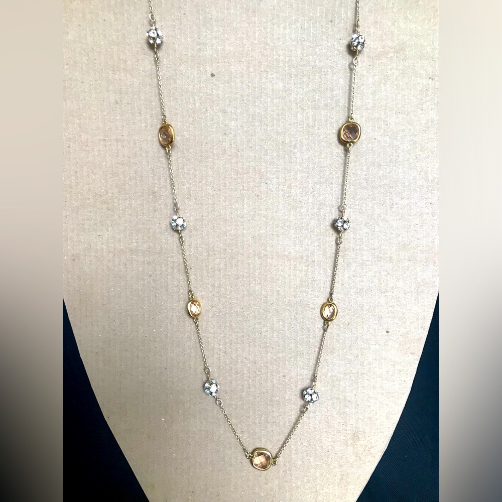 Gold color long necklace with pink beads and rhinestones